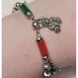 Vintage Red & Green Christmas Charm Silver Tone Toggle 8" Bracelet AS IS